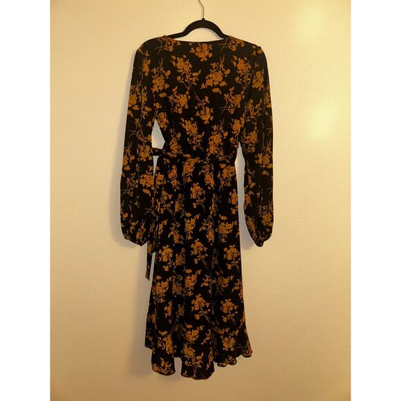 C+D+M Boho Preppy Professional Old Money Black & Gold Floral Wrap Dress - Picture 9 of 14